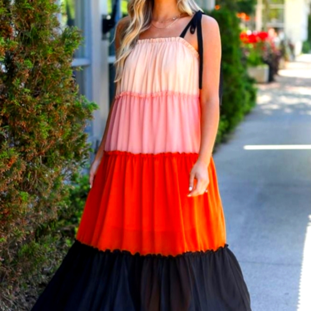Small multi color black ruffle detail maxi dress